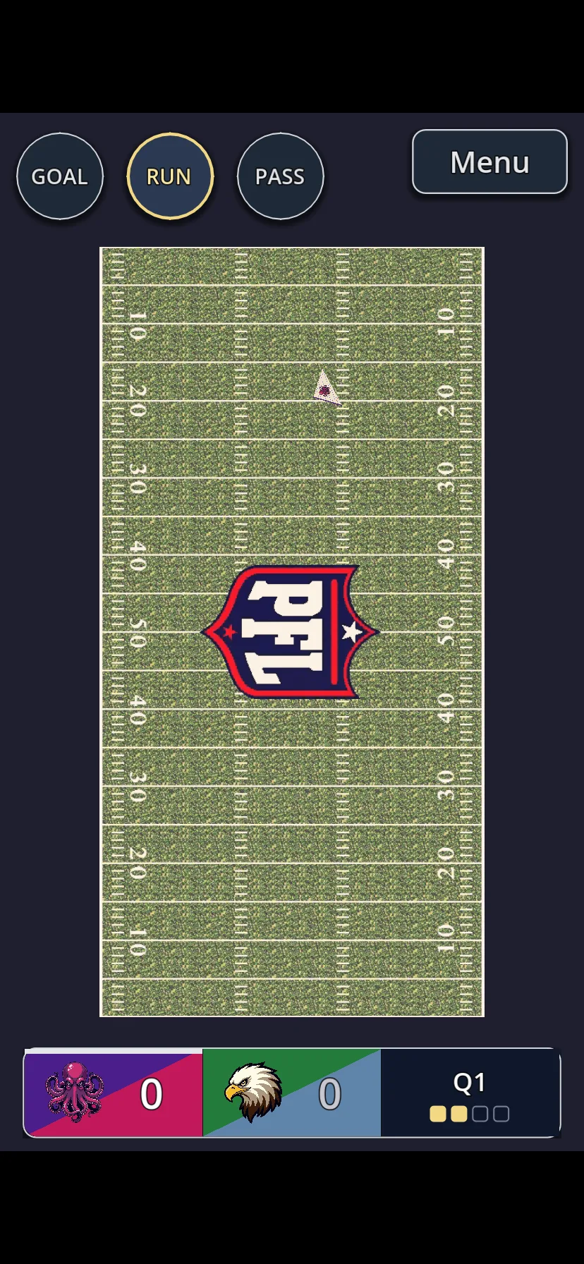Top-down gameplay on the field with Goal, Run, and Pass controls