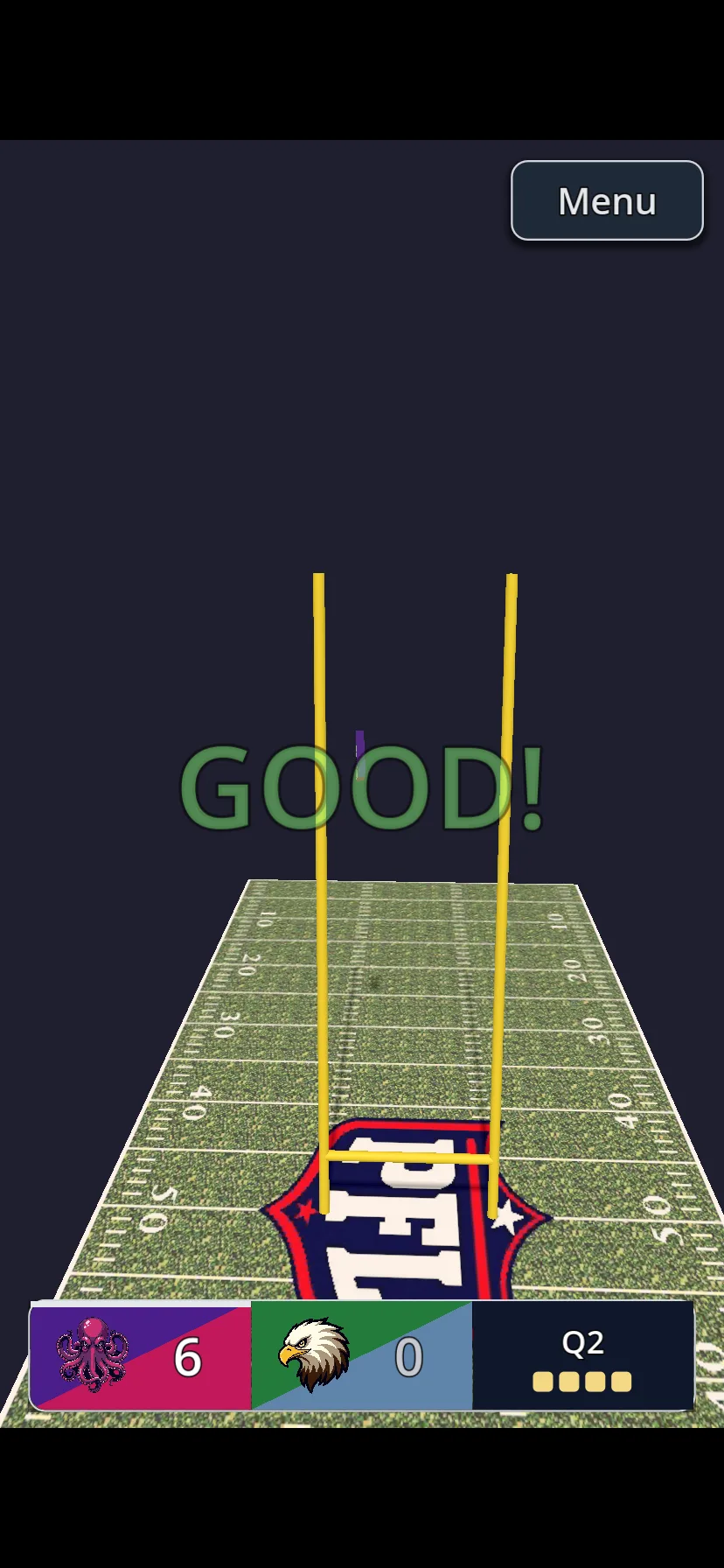 Extra-point attempt sailing through the uprights in 3D — GOOD!