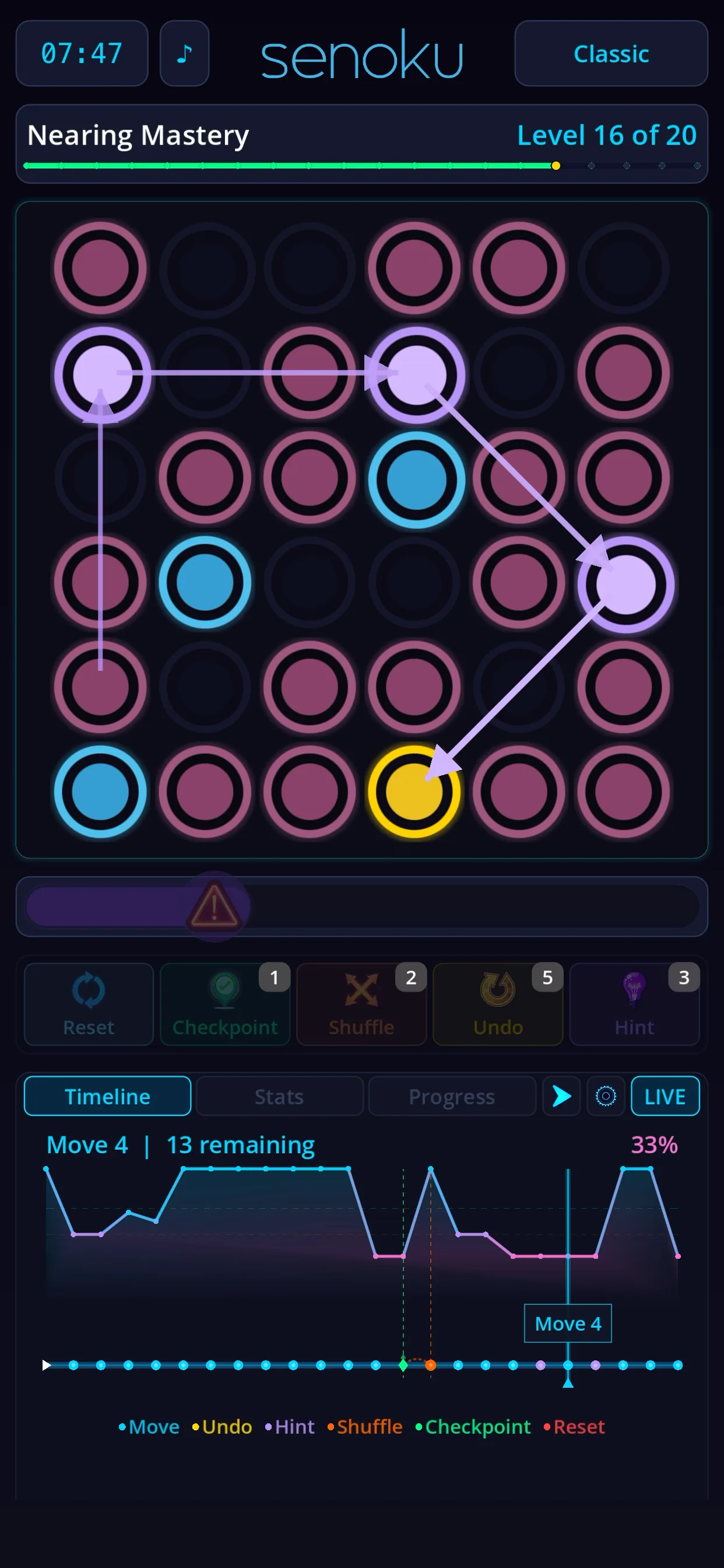 Classic mode - Nearing Mastery, Level 16 on 6x6 grid, timeline replay view
