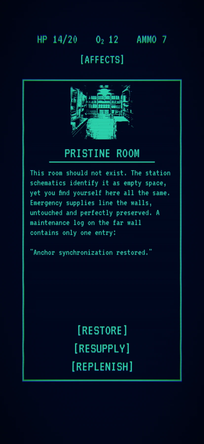 Pristine Room event in sector two, rendered in teal: a room the station schematics say should not exist